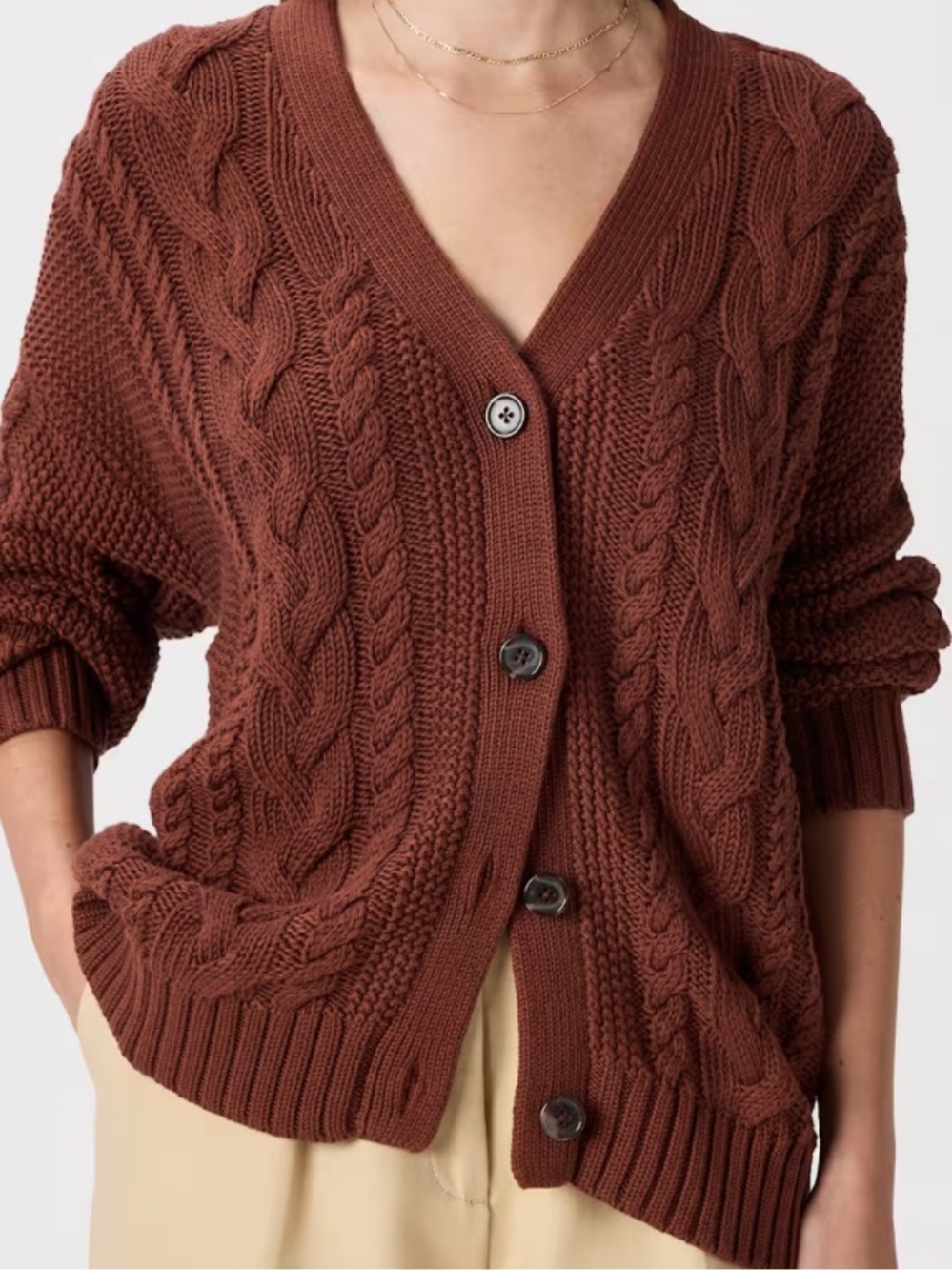 Quince Redwood Brown Cable Knit Button-Up Cardigan
